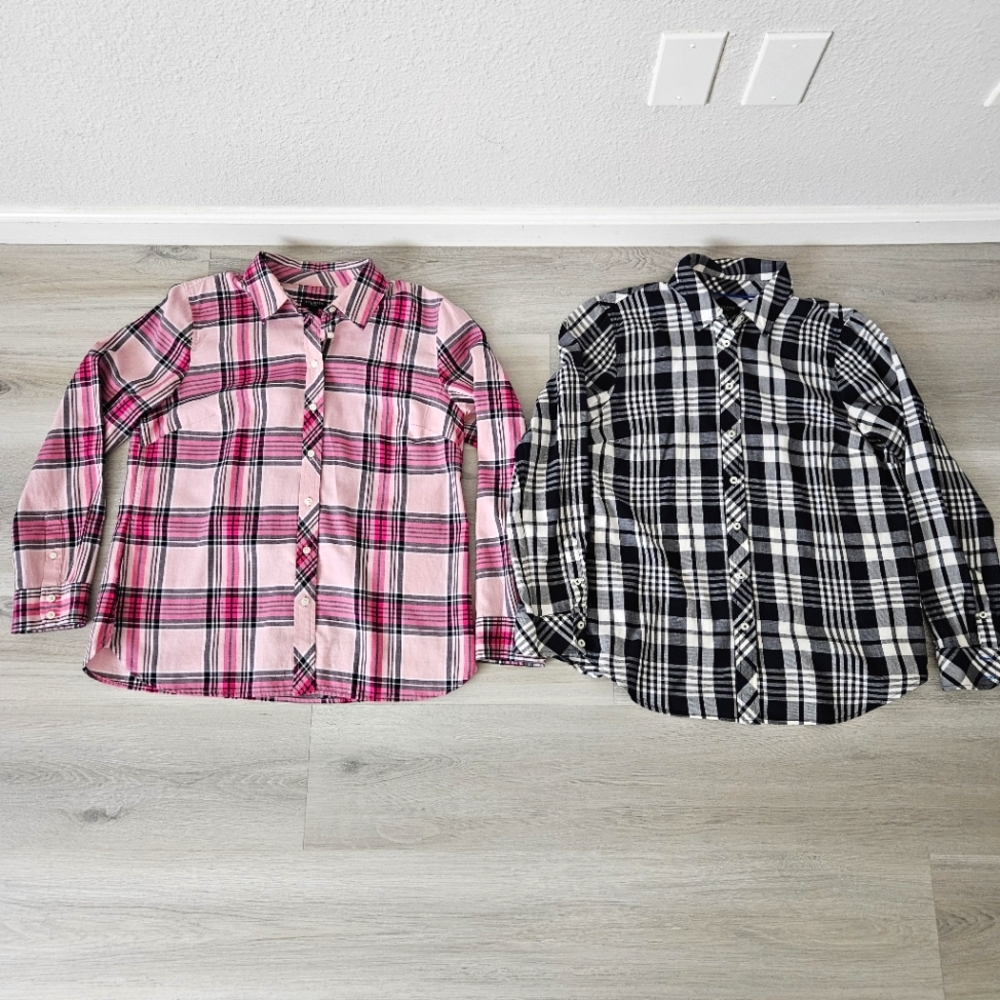 Talbots Plaid Button Up Top M Petite Cotton Lightweight Collared Shirt Lot Of 2